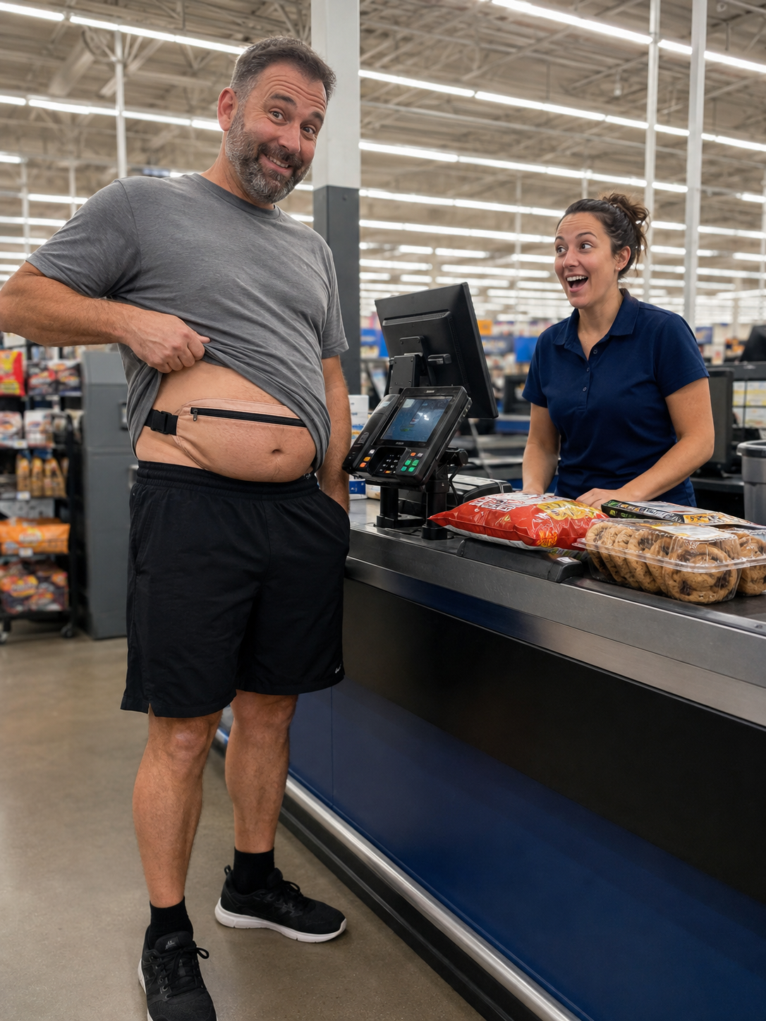 Customer showing BellyBuddy novelty belt bag at a checkout counter